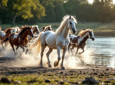 The primary subject of the image is a white horse with blonde hair, galloping through a field. The setting is a grassy area with a body of water nearby. The visual style is a photo, capturing the horse in motion. The colors and mood of the image are predominantly natural, with the white horse standing out against the green grass and the water.
