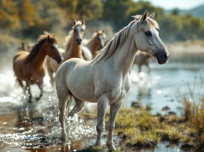 Primary subject: A white horse with a flowing mane.

Setting/background: The horse is standing in a body of water, surrounded by other horses.

Visual style: The image is a photo of the white horse in the water.

Colors and mood: The image has a natural and serene atmosphere, with the white horse being the main focus.
