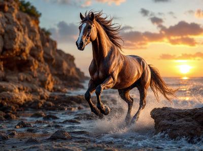 Primary subject: A brown horse running on the beach.

Setting/background: The beach, with the ocean in the background.

Visual style: The image is a photo of the horse running on the beach.

Colors and mood: The image has a warm and vibrant color palette, with the brown horse and the ocean in the background creating a lively and dynamic scene.