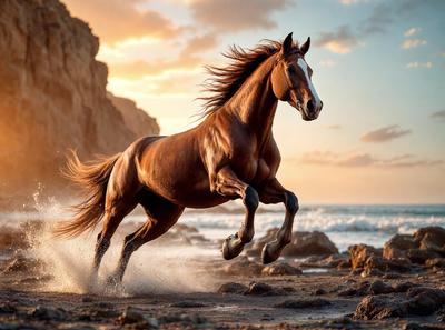 Primary subject: A brown horse running on the beach.

Setting/background: The beach, with rocks and water visible in the background.

Visual style: The image is a photo of the horse running on the beach.

Colors and mood: The dominant colors are brown and orange, with a warm and energetic atmosphere.