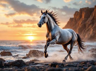 Primary subject: A horse running on the beach.

Setting/background: The beach with waves and rocks.

Visual style: The image is a photo of the horse running on the beach.

Colors and mood: The image has a warm and vibrant color palette, with the horse's body being white and the sky being orange. The overall atmosphere is energetic and dynamic, as the horse is captured in motion.