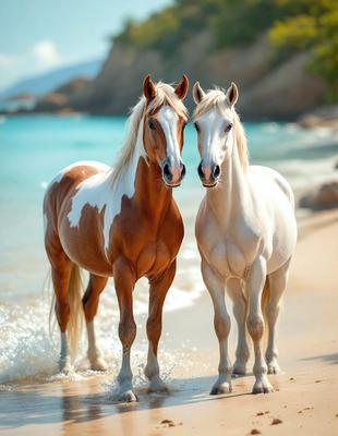 The primary subject of the image is two horses standing on a beach near the water. They are positioned close to each other, creating a sense of companionship. The setting is a beach with water in the background, providing a serene and natural environment for the horses. The visual style of the image is a photo, capturing the horses in their natural habitat. The colors and mood of the image are predominantly warm and calming, with the beach and water creating a peaceful atmosphere.