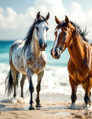 The primary subject of the image is a pair of horses standing on a beach. The setting is a sandy beach with the ocean in the background. The visual style is a photo, capturing the horses in their natural environment. The colors and mood of the image are predominantly warm and serene, with the horses' presence creating a sense of tranquility and beauty.
