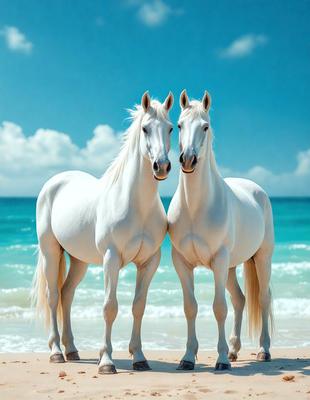 The primary subject of the image is two white horses standing on a beach. They are positioned close to each other, facing the ocean. The setting is a beautiful beach with a clear blue sky in the background. The visual style of the image is a photo, capturing the horses in their natural environment. The colors and mood of the image are predominantly white and blue, creating a serene and peaceful atmosphere.