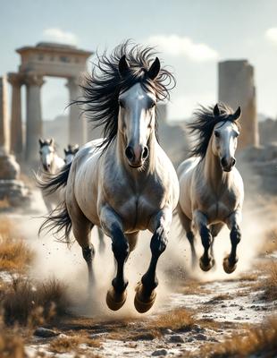 Primary subject: Two horses running in a field.

Setting/background: The horses are running in a field with a rocky background.

Visual style: The image is a digital artwork.

Colors and mood: The image has a warm and vibrant color palette, with the horses' coats and the field's colors creating a lively atmosphere.