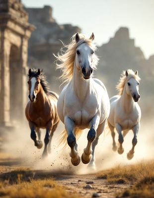 Primary subject: Three horses running in a field.

Setting/background: A field with a rocky background.

Visual style: A photo of the horses running.

Colors and mood: The image is in color, and the horses appear to be running in a dusty field, creating a sense of motion and energy.