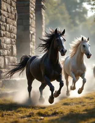 Primary subject: Two horses running in a field.

Setting/background: The horses are running in a grassy field, with a brick wall in the background.

Visual style: The image is a photo of the two horses running.

Colors and mood: The image has a warm and lively atmosphere, with the horses' movement and the grassy field creating a sense of energy and freedom.