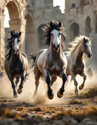 Primary subject: Three horses running in a field.

Setting/background: A field with a dirt surface.

Visual style: A photo of the horses in motion.

Colors and mood: The image is in black and white, giving it a classic and timeless feel.