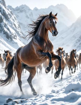 Primary subject: A brown horse running through the snow.

Setting/background: The horse is running through a snowy mountain landscape.

Visual style: The image is a photo of the horse in motion.

Colors and mood: The dominant colors are white and brown, with a cold and snowy atmosphere.