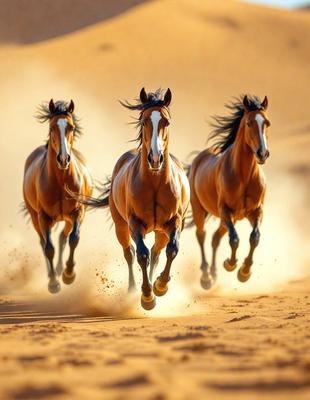 Primary subject: Three horses running on a dirt surface.

Setting/background: The horses are running on a dirt road, with a dusty environment surrounding them.

Visual style: The image is a photo of the three horses in motion.

Colors and mood: The image has a warm and dynamic color palette, with the horses' coats and the dirt road creating a sense of motion and energy.