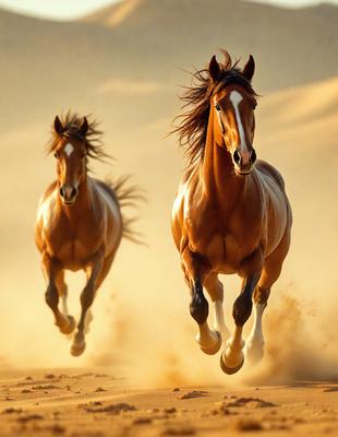 The primary subject of the image is a brown horse running through a sandy area. The setting is a desert-like environment, with sand covering the ground. The visual style of the image is a photo, capturing the horse in motion. The dominant colors in the image are brown and beige, creating a warm and natural atmosphere.