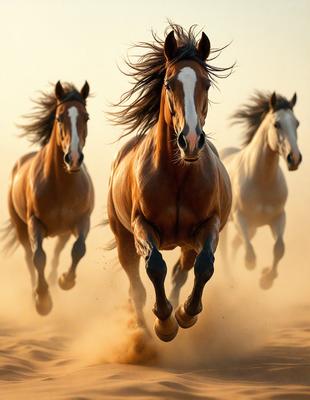 The primary subject of the image is a brown horse with a white face, running through a sandy area. The setting is a desert-like environment, with sand covering the ground. The visual style of the image is a photo, capturing the horse in motion. The dominant colors in the image are brown and white, with the sand adding a warm and natural tone to the scene. The overall atmosphere of the image is energetic and dynamic, as the horse gallops through the sandy landscape.
