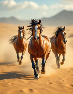 Primary subject: Three horses running in a desert.

Setting/background: A sandy desert environment.

Visual style: A photo of the horses running.

Colors and mood: The image is in black and white, giving it a classic and timeless feel. The horses and the desert create a sense of freedom and adventure.