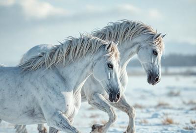 The primary subject of the image is a pair of white horses running through a snowy field. The setting is a winter landscape with snow covering the ground. The visual style is a photo, capturing the horses in motion. The dominant colors are white and gray, creating a serene and cold atmosphere.