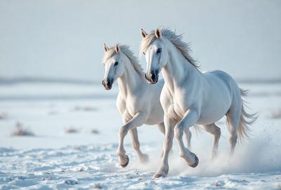 The primary subject of the image is two white horses running through the snow. The setting is a snowy field, and the visual style is a photo. The colors and mood of the image are predominantly white, giving it a serene and peaceful atmosphere.