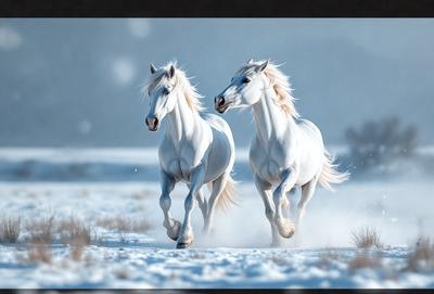The primary subject of the image is two white horses running through the snow. They are the main focus of the scene, and their movement and beauty are the central elements. The setting is a snowy landscape, with the horses running through the snow, creating a serene and picturesque atmosphere. The visual style of the image is a high-quality photo, capturing the horses in their natural environment. The colors and mood of the image are predominantly white and cold, reflecting the winter season and the horses' graceful movements.
