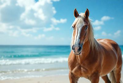 The primary subject of the image is a brown horse standing on a beach. The horse is facing the camera, and its mane is blowing in the wind. The setting is a beach with the ocean in the background. The visual style of the image is a photo, capturing the horse in its natural environment. The colors and mood of the image are warm and serene, with the horse's presence creating a sense of tranquility and freedom.