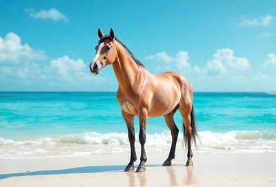 Primary subject: A brown horse standing on a beach.

Setting/background: The horse is standing on a sandy beach near the ocean.

Visual style: The image is a photo of the horse on the beach.

Colors and mood: The colors in the image are predominantly shades of brown and blue, with the ocean providing a cool blue backdrop. The mood of the image is serene and peaceful, as the horse stands alone on the beach.