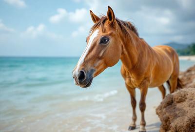 The primary subject of the image is a brown horse standing on a beach near the water. The horse is looking at the camera, and its head is turned to the side. The setting is a beach with water in the background. The visual style of the image is a photo, capturing the horse in its natural environment. The colors and mood of the image are warm and serene, with the horse being the main focus of the scene.