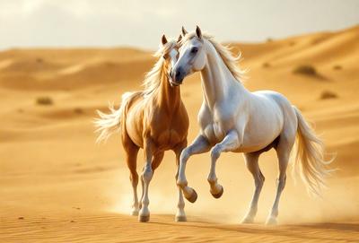 The primary subject of the image is a pair of horses running through a desert-like environment. The setting is a sandy, open area with a backdrop of dunes. The visual style of the image is a photo, capturing the horses in motion. The colors and mood of the image are predominantly warm and earthy tones, with the horses' white and brown coats contrasting against the sandy background.