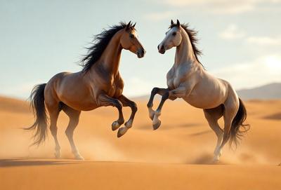 Primary subject: Two horses running in the desert.

Setting/background: The horses are running on a sandy surface, which is the desert.

Visual style: The image is a digital art or illustration of the two horses.

Colors and mood: The image has a warm and vibrant color palette, with the sandy surface of the desert appearing in shades of brown and the horses' coats in shades of brown and white. The overall atmosphere is energetic and dynamic, as