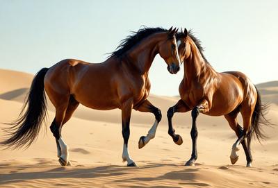 The primary subject of the image is two brown horses running together in a desert-like environment. The setting is a sandy area with a clear sky in the background. The visual style of the image is a photo, capturing the horses in motion. The colors and mood of the image are warm and energetic, as the horses are in motion and the desert landscape creates a sense of freedom and adventure.