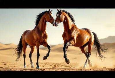 The primary subject of the image is two horses running together in a desert-like environment. The setting is a sandy area with a clear sky in the background. The visual style of the image is a photo, capturing the horses in motion. The colors in the image are predominantly brown and beige, reflecting the natural environment of the desert. The overall atmosphere of the image is energetic and dynamic, as the horses are captured in motion, showcasing their strength and grace.