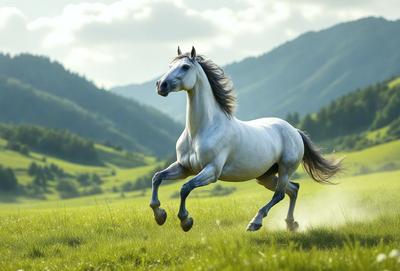 The primary subject of the image is a white horse running through a grassy field. The horse is the main focus of the scene, and it appears to be enjoying its time in the open field. The setting is a lush green field, providing a natural and serene backdrop for the horse. The visual style of the image is a photo, capturing the horse in motion and the surrounding environment. The colors in the image are predominantly green, with the grass and the horse's white fur, creating a calm and peace