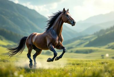 Primary subject: A brown horse running in a grassy field.

Setting/background: The horse is running in a grassy field with mountains in the background.

Visual style: The image is a digital art illustration of a horse running in a field.

Colors and mood: The image has a vibrant and lively atmosphere, with the brown horse as the main focus and the green grass and blue sky in the background.