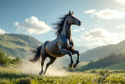 Primary subject: A horse running in a field.

Setting/background: The horse is running in a grassy field with mountains in the background.

Visual style: The image is a digital art or illustration of a horse running in a field.

Colors and mood: The image has a vibrant and lively atmosphere, with the horse's movement and the green grass creating a sense of energy and freedom.