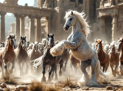Primary subject: A white horse with a flowing mane.

Setting/background: A dusty, rocky area with a large stone building in the background.

Visual style: A photo of the horse and its surroundings.

Colors and mood: The image is in black and white, giving it a classic and timeless feel. The dusty and rocky environment adds a sense of adventure and freedom to the scene.