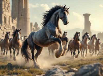 Primary subject: A horse running in a field.

Setting/background: The horse is running in a field with a mountain in the background.

Visual style: The image is a digital artwork.

Colors and mood: The image has a warm and vibrant color palette, with the horse and its surroundings depicted in shades of brown, orange, and yellow. The overall atmosphere is energetic and dynamic, capturing the horse's movement and freedom.