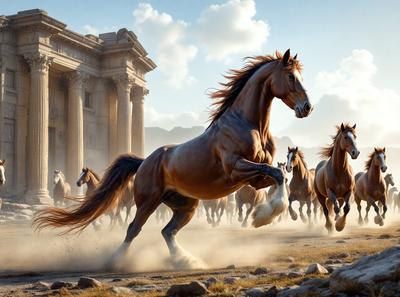 Primary subject: A brown horse running in a field.

Setting/background: The horse is running in front of a building, which could be a temple or a historical monument.

Visual style: The image is a digital artwork, featuring a horse running in a field with a building in the background.

Colors and mood: The image has a warm and dynamic color palette, with the brown horse as the main focus and the building in the background adding a sense of history and architectural interest.