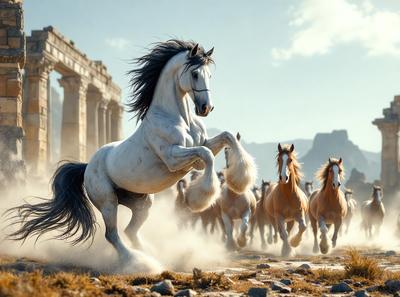 Primary subject: A white horse with a black mane running through a field.

Setting/background: The horse is running through a field with a mountain in the background.

Visual style: The image is a digital artwork.

Colors and mood: The image has a warm and vibrant color palette, with the white horse standing out against the field and mountain backdrop.
