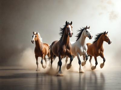 Primary subject: Horses
Setting/background: A dirt ground
Visual style: Digital art
Colors and mood: The image is in black and white, giving it a classic and timeless feel.