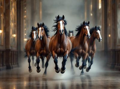 Primary subject: Horses
Setting/background: A hallway or a building with a marble floor
Visual style: Digital art
Colors and mood: The image is in black and white, giving it a classic and timeless feel.