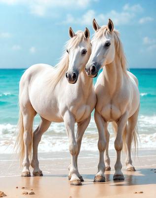 The primary subject of the image is two white horses standing on a beach. They are positioned close to each other, with their heads touching. The setting is a beach with a body of water in the background. The visual style of the image is a photo, capturing the horses in their natural environment. The colors and mood of the image are predominantly white, creating a serene and peaceful atmosphere.