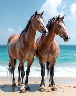 The primary subject of the image is two brown horses standing on a beach. They are positioned close to each other, with one horse on the left and the other on the right. The setting is a beach with a body of water in the background. The visual style of the image is a photo, capturing the horses in their natural environment. The colors and mood of the image are warm and serene, with the horses and the beach creating a peaceful and picturesque scene.