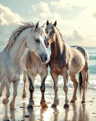 The primary subject of the image is a group of three horses standing on a beach. The setting is a sandy beach with the ocean in the background. The visual style is a photo, capturing the horses in their natural environment. The colors and mood of the image are predominantly warm and serene, with the sunlight reflecting off the water and creating a peaceful atmosphere.