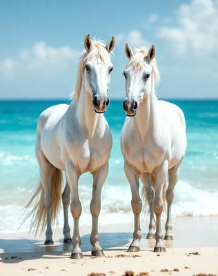 The primary subject of the image is two white horses standing on a beach. They are positioned close to each other, facing the ocean. The setting is a beach with a clear blue sky in the background. The visual style of the image is a photo, capturing the horses in their natural environment. The colors and mood of the image are predominantly white and serene, as the horses stand calmly on the sandy shore.