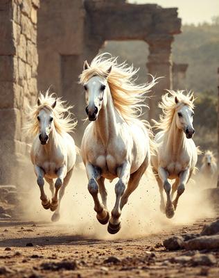 Primary subject: Horses
Setting/background: Ancient ruins
Visual style: Photo
Colors and mood: The horses are white, and the scene has a dusty, ancient atmosphere.