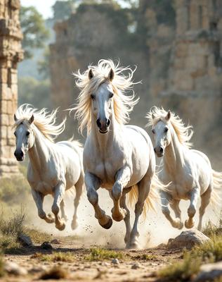 Primary subject: A group of four white horses running together.

Setting/background: The horses are running through a dirt road, with a rocky surface and a stone wall in the background.

Visual style: The image is a photo of the horses in motion.

Colors and mood: The horses are predominantly white, and the scene has a dynamic and energetic atmosphere.