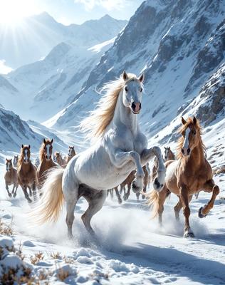 Primary subject: A white horse running in the snow.

Setting/background: A snowy mountain range in the background.

Visual style: A photo of the horse in motion.

Colors and mood: The image is in black and white, giving it a classic and timeless feel. The white horse stands out against the snowy mountain range, creating a sense of motion and energy.
