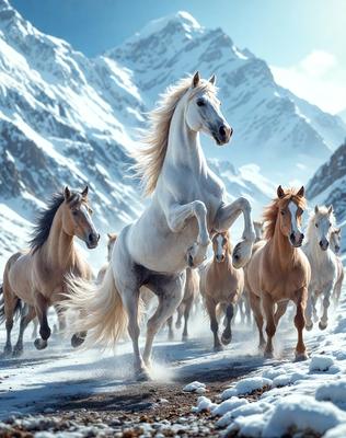 Primary subject: A white horse running in the snow.

Setting/background: A snowy mountain range in the background.

Visual style: Digital art.

Colors and mood: The image is in black and white, giving it a classic and timeless feel. The white horse stands out against the snowy background, creating a sense of motion and energy.