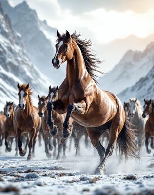 Primary subject: A brown horse running in a snowy mountain range.

Setting/background: The horse is running through a snowy mountain range, with a beautiful winter landscape in the background.

Visual style: The image is a digital artwork, featuring a beautifully rendered horse and a stunning winter scene.

Colors and mood: The dominant colors are brown, white, and shades of gray, creating a chilly and serene atmosphere.
