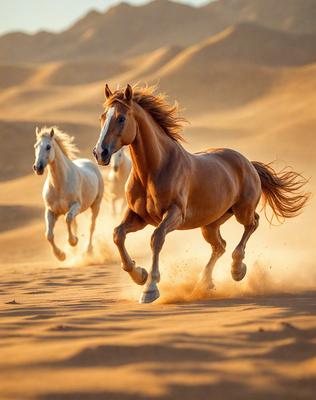 Primary subject: Two horses running in the sand.

Setting/background: A desert landscape with sandy terrain.

Visual style: A photo of the two horses running in the sand.

Colors and mood: The image is in sepia tone, giving it a warm and nostalgic atmosphere.
