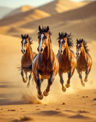 Primary subject: Horses running on a sandy surface.

Setting/background: A desert-like environment with sand.

Visual style: A photo of the horses running.

Colors and mood: The image is in black and white, giving it a classic and timeless feel. The horses' movement and the sandy surface create a sense of energy and freedom.