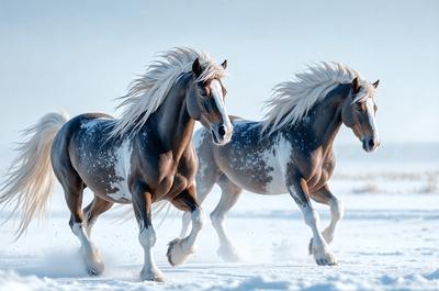 The primary subject of the image is a pair of horses running through the snow. They are the main focus of the scene, and their movement and beauty are the central elements. The setting is a snowy landscape, which provides a contrasting backdrop to the horses' white and brown coats. The visual style of the image is a photo, capturing the horses in their natural environment. The colors and mood of the image are predominantly white and brown, with the snow adding a sense of coldness and tranquility to the