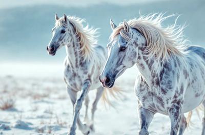 The primary subject of the image is a pair of horses running through a snowy field. The setting is a winter landscape with snow covering the ground. The visual style is a photo, capturing the horses in their natural environment. The colors and mood of the image are predominantly white and cold, reflecting the winter season and the horses' movement through the snow.