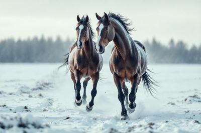The primary subject of the image is two horses running through the snow. They are the main focus of the scene, and their movement and interaction with the snowy environment create a dynamic and engaging visual experience. The setting is a snowy field, and the visual style is a photo, capturing the horses in their natural habitat. The colors and mood of the image are predominantly white and cold, reflecting the wintery atmosphere and the horses' energy as they run together.